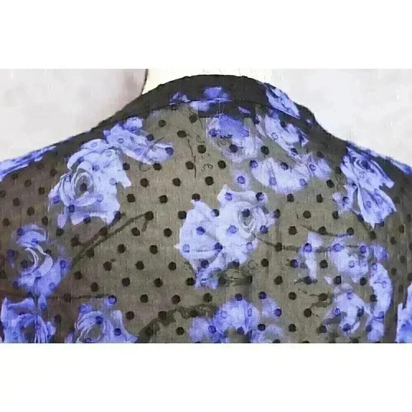 Torrid Size 1 sheer button front w/ruffle along button line blue/black abstract - Picture 8 of 11